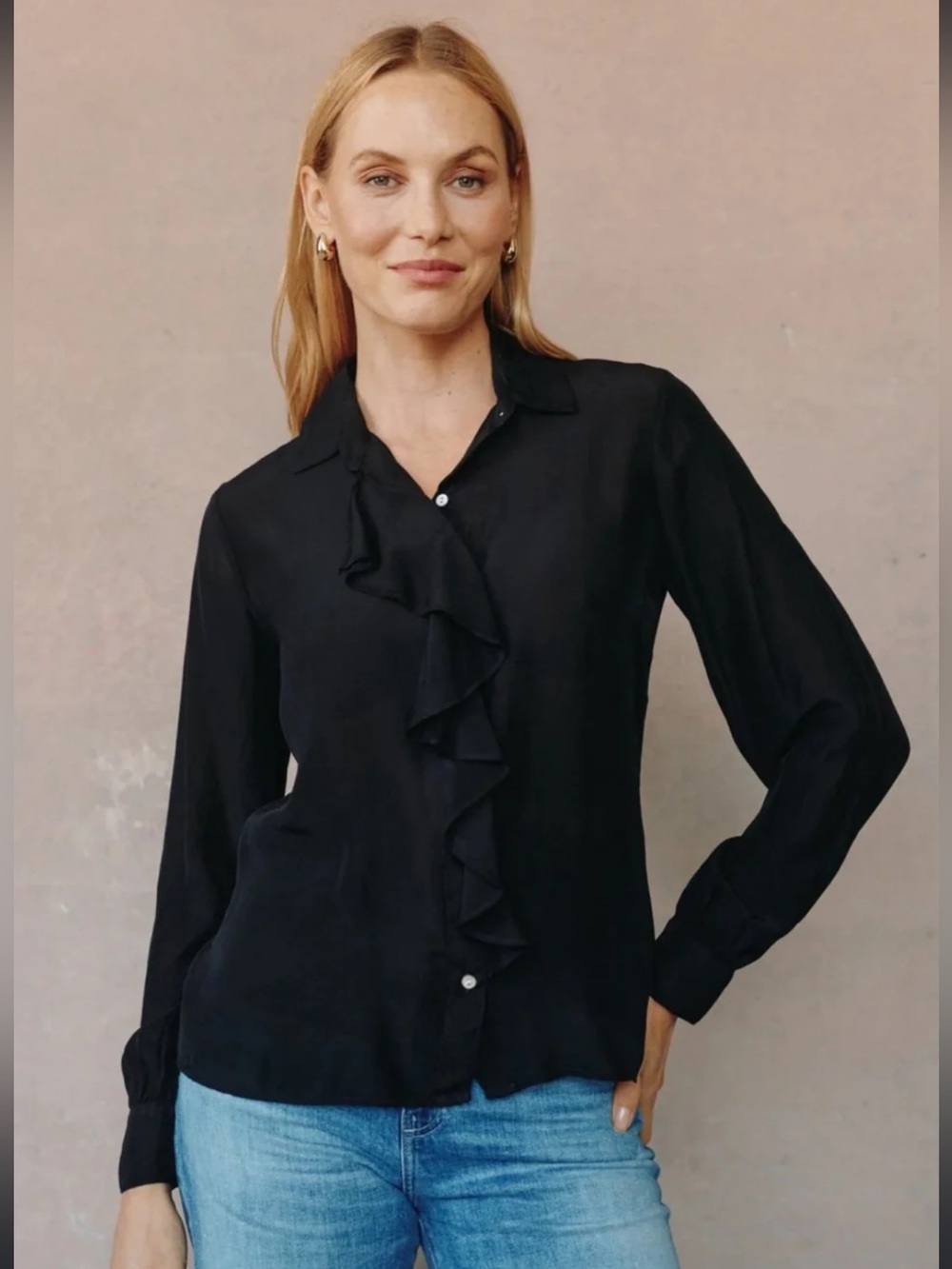 Chico's Black Ruffle-Front Button-Down Blouse